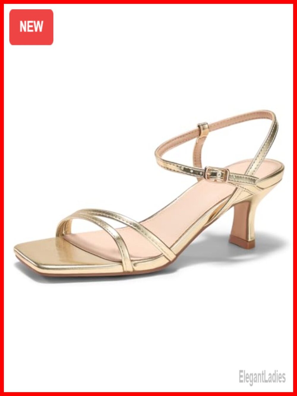 Faux Leather Strappy Kitten Heel Sandals Square Open Toe Ankle Strap Dressy